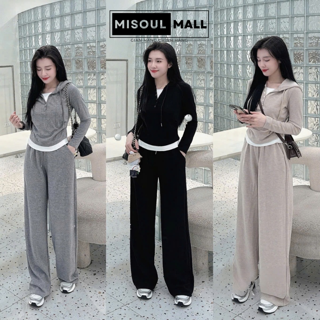  Set Bộ Dài Tay Nữ Len Lông Thỏ Có Mũ Cúc Cổ Phối Viền Trắng Nhún Eo Mix Quần Suông Dài BigSize MiSoul Mall 336 