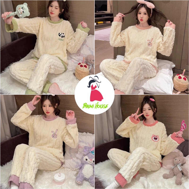 Bộ Đồ Ngủ Lông Trắng Họa Tiết Thú, Bộ Bông Nỉ Giữ Nhiệt FreeSize Mặc Nhà Siêu Ấm 1205