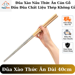 Đũa xào nấu thức ăn chất liệu thép không gỉ, đũa nấu ăn dài tay cầm gỗ chống nóng