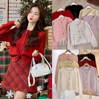 (CÓ SẴN) Áo khoác len Cardigan lông thỏ mềm mịn, Áo khoác len tay dài cúc hoa xinh xắn cho nữ AKL109