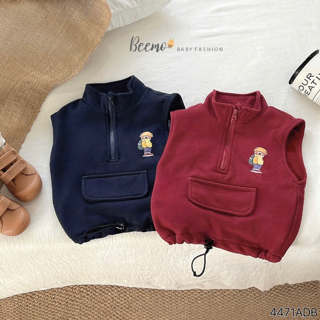 Áo gile nỉ hai lớp phối cổ khoá in hình gấu Beemo cho bé