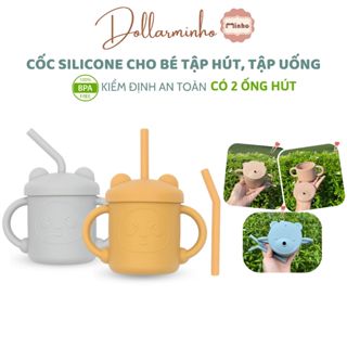 <Tổng hợp> Cốc silicon tập hút tập uống an toàn cho bé Dollar Minho ( có kèm 2 ống hút)
