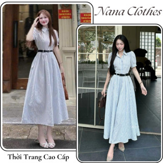 Váy nữ kiểu sơ mi cổ đức dáng dài tay bồng kẻ sọc có tặng kèm đai Nana Clothes, đầm nữ maxi sang trọng HCOM2929