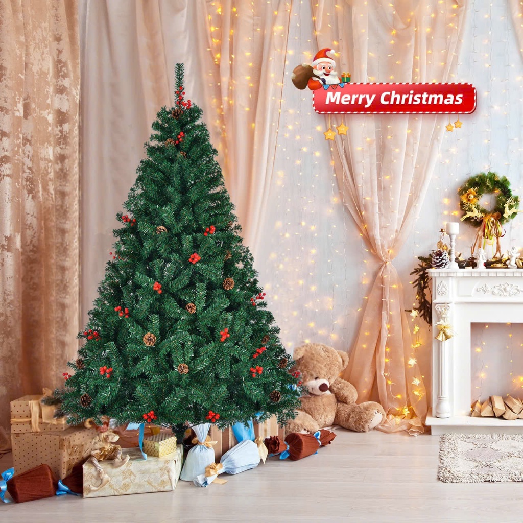 (Hỏa tốc) Cây Thông Xanh Tán Dày Rậm Đính Trái Thông C28 2.1m, 2.4m Cây Thông Trang Trí Noel