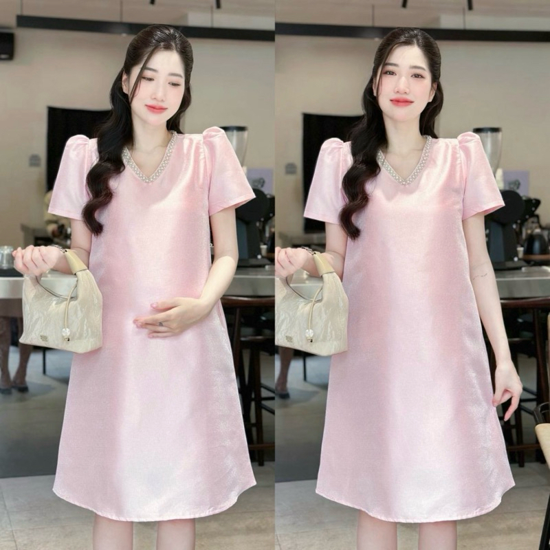 EVERMOM l Đầm bầu Sofia vải gấm dạ cổ viền ngọc dáng suông