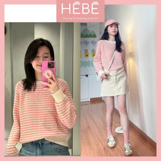 Áo dài tay nữ Kimi Sweater chất len lông thỏ mềm mại ấm áp, Áo Sweater nữ sọc hồng trẻ trung thời trang HEBE