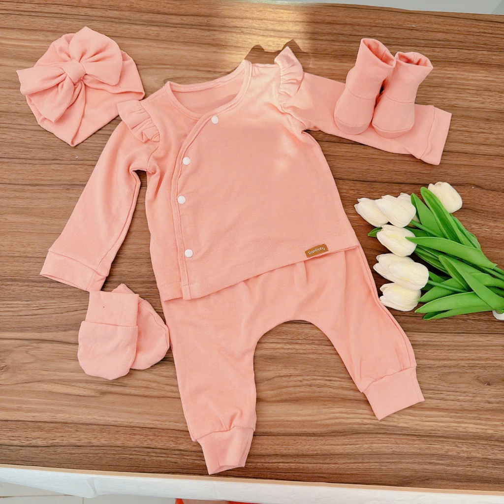  T20 -bộ quần áo thu đông cho bé sơ sinh từ 3-10kg - Bộ cotton Bèo Vai mũ Tuban  Sambaby 