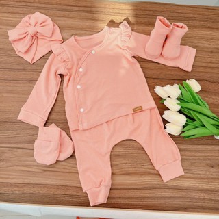  T20 -bộ quần áo thu đông cho bé sơ sinh từ 3-10kg - Bộ cotton Bèo Vai mũ Tuban  Sambaby 