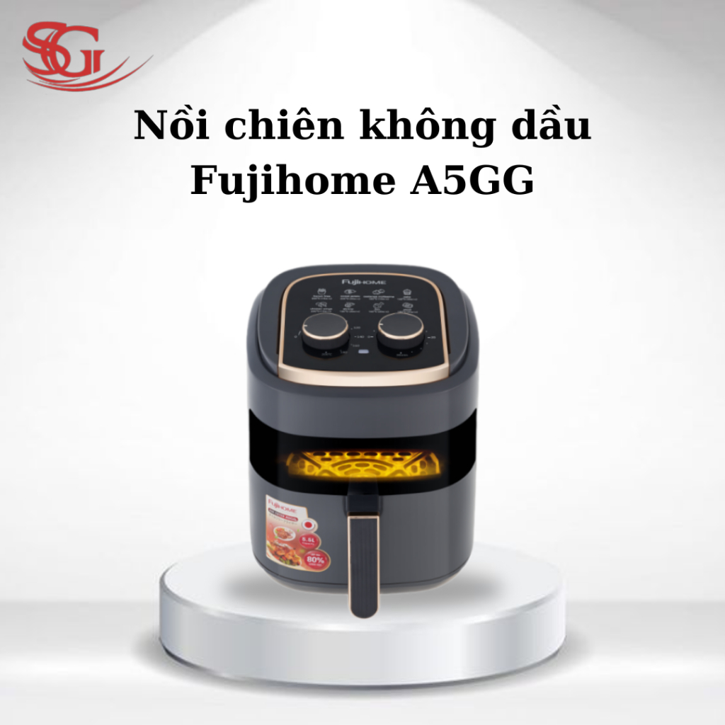 Nồi chiên không dầu Fujihome A5GG 5.5L, Ghi xám, Dung lượng lớn, Chống dính Teflon
