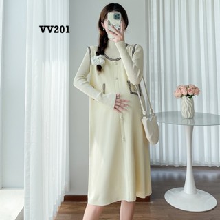  Set đầm yếm bầu thu đông chất len phối áo cổ lọ chất len thiết kế tay dài by Đầm Bầu Thỏ - VV201 