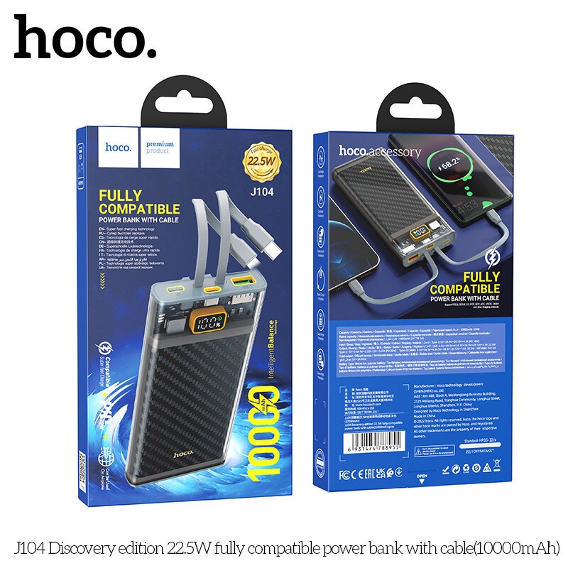 Pin dự phòng Hoco J104 10000mAh tích hợp 2 cáp QC3.0 22.5W, PD TypeC 20W (Xám)