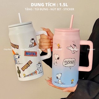  Bình giữ nhiệt Snoopy cỡ lớn 1500ml có tay cầm ly nước giữ nhiệt nóng lạnh inox 304 cao cấp có ống hút và quà tặng -B1 