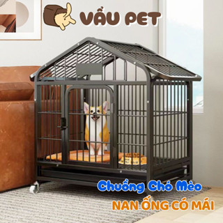 Chuồng Cho Chó Mèo Nan Ống Có Mái Kèm Bánh Xe - Lồng Chó Sơn Tĩnh Điện Cao Cấp