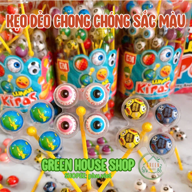 1 hộp 50 cây kẹo dẻo chong chóng sắc màu hình gấu trúc, vịt vàng, siêu nhân Lunak Kipas