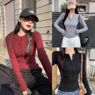  Áo thun nữ dài tay cúc mở dáng ôm body đơn giản dành cho mùa thu Áo thun tăm ôm basic Bun222 