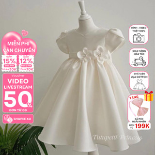 Đầm váy công chúa cho bé gái Tutupetti màu trắng tay phồng đính hoa ở eo, dễ thương sang trọng