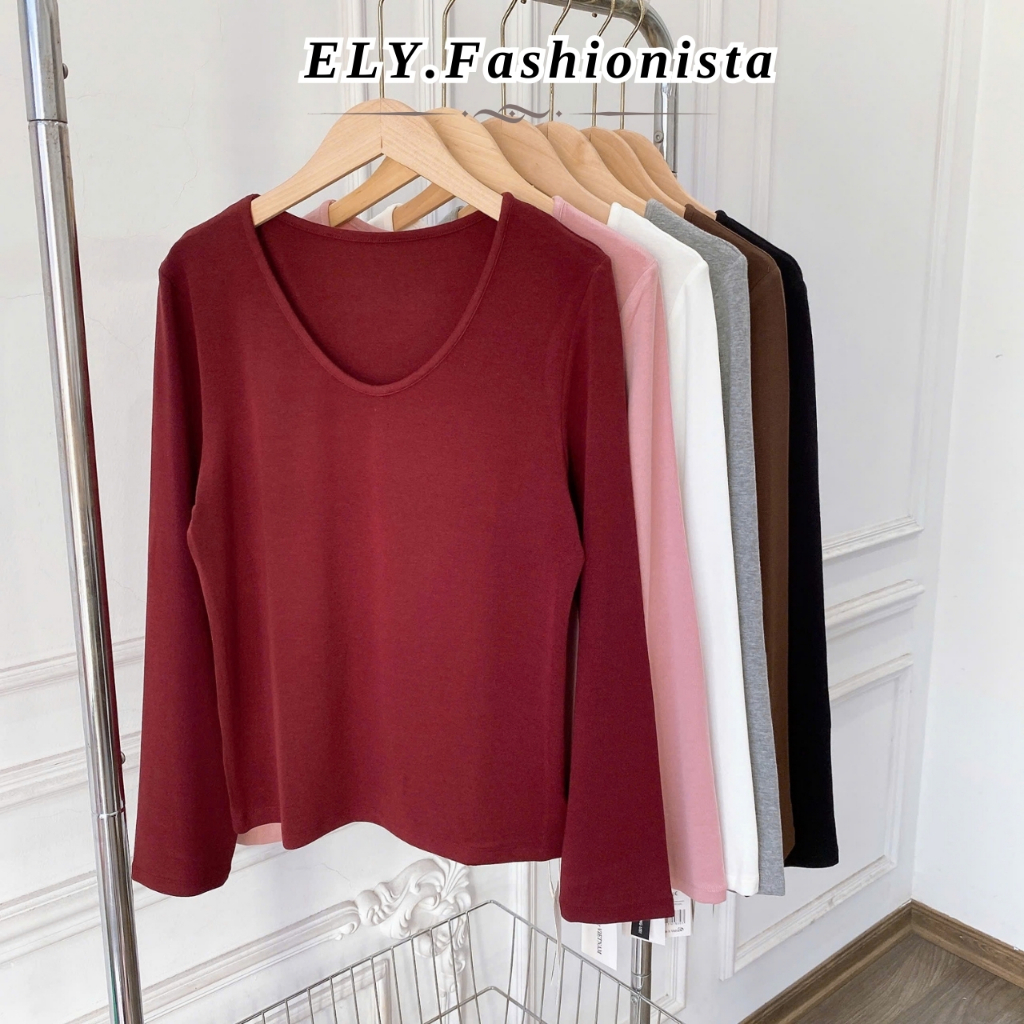 Áo phông nữ dài tay cổ tim ELY chất cotton dẻo cao cấp co giãn áo thun nữ tay dài thu đông ELY289 | BigBuy360 - bigbuy360.vn