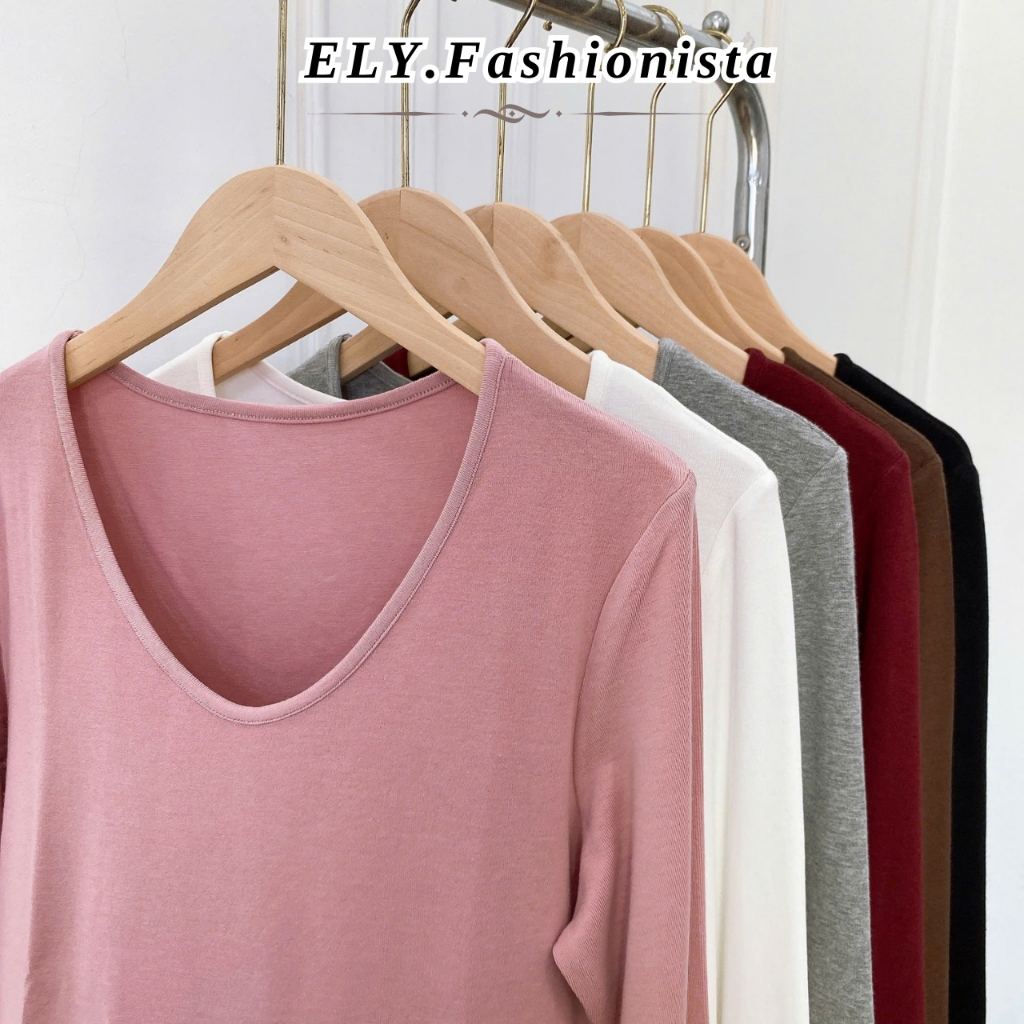 Áo phông nữ dài tay cổ tim ELY chất cotton dẻo cao cấp co giãn áo thun nữ tay dài thu đông ELY289 | BigBuy360 - bigbuy360.vn