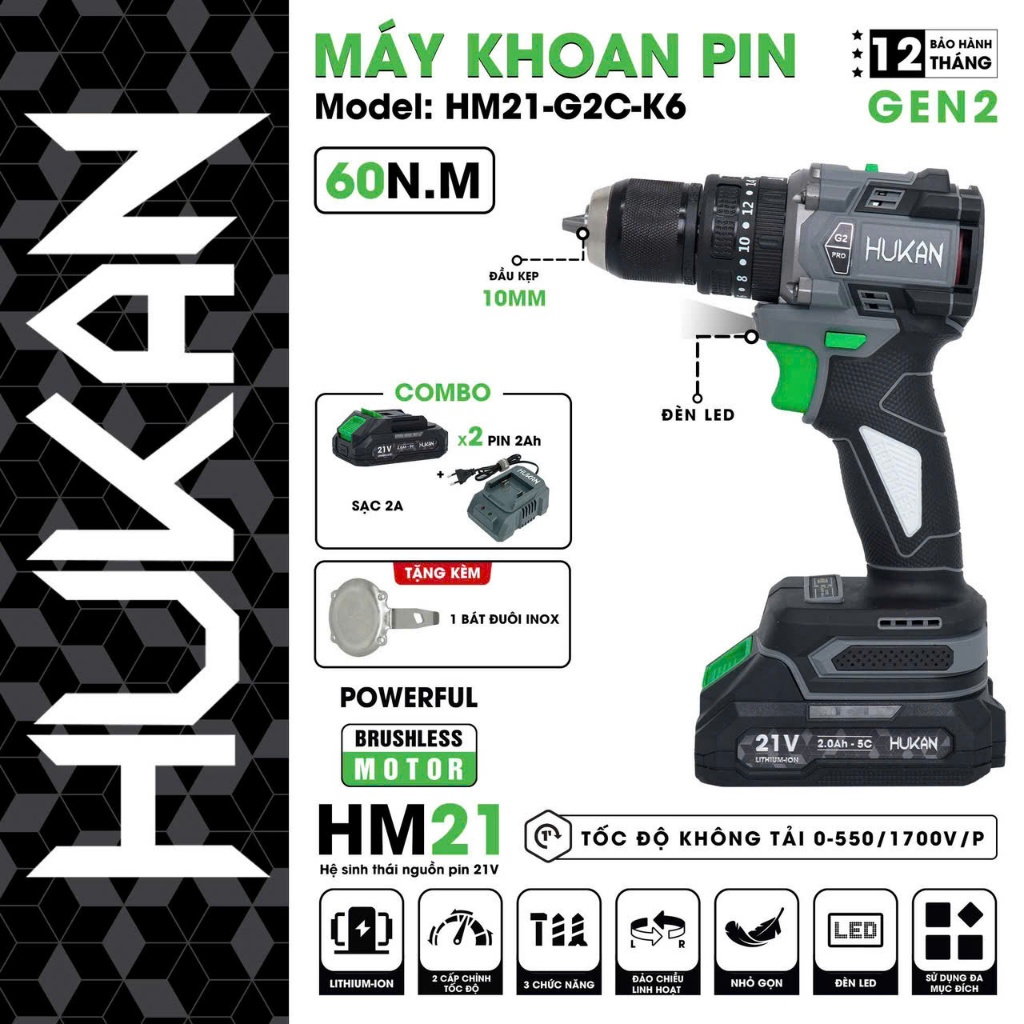 MẪU MỚI Máy Khoan Pin Hukan G2C - K6 3 Chức Năng Không Chổi Than Chân Phổ Thông Bảo Hành 1 Năm