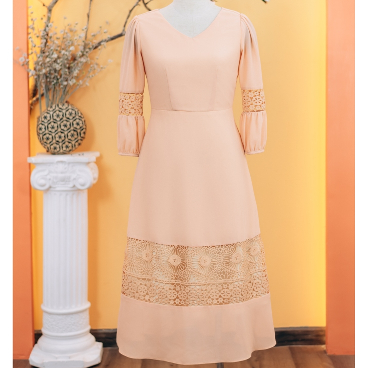 Đầm xòe - Cổ tim tay lỡ phối ren - Màu Da - TTV Store thời trang nữ TTV1721