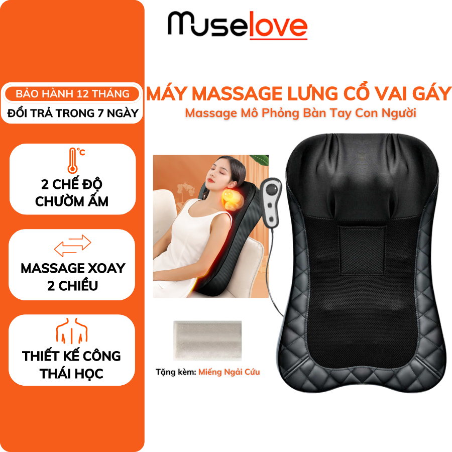 Máy Massage Lưng Cổ Vai Gáy MUSELOVE Gối Massage Hồng Ngoại 2 Chiều, Mô Phỏng Tay Người, Giảm Đau Hiệu Quả