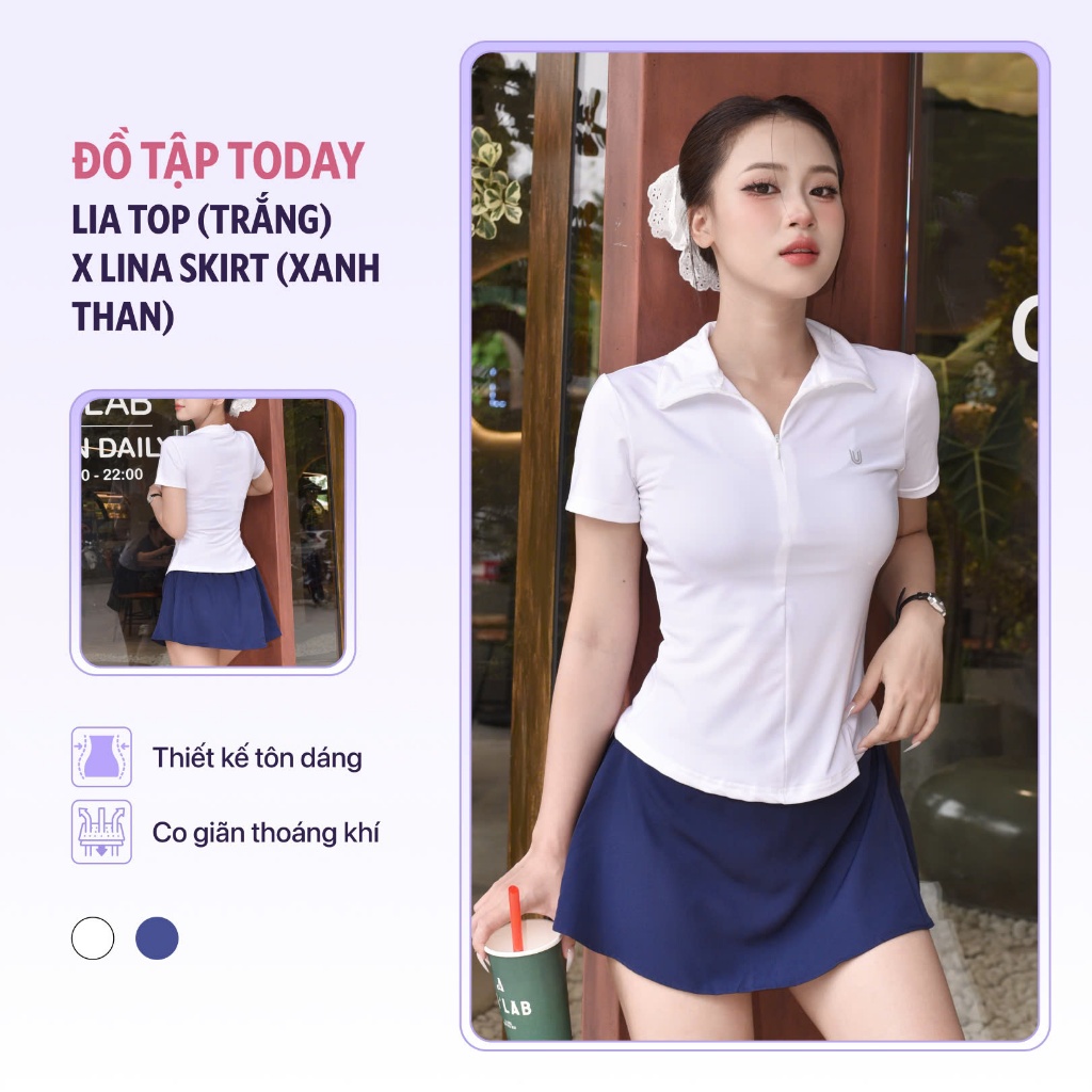 Set thể thao pickleball nữ áo Lia top trắng mix chân váy Lina skirt xanh than Today U Wear tập pickleball chạy bộ