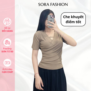  Áo Thun Nữ Cộc Tay Thiết Kế Vạt Chéo Nhún Eo Mix Dây Ngang Bigsize Sora Fashion Chất Liệu Thun Tăm 131 