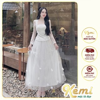 Đầm dự tiệc sét váy ren lưới xòe bồng xếp ly đính hoa kèm áo dài tay Kemi hàng thiết kế sang chảnh