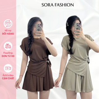  Set Áo Thun Kiểu Nữ Tay Hến Sora Fashion Set Bộ Bigsize Nữ Nhún Eo Đính Ngọc Chất Liệu Thun Tăm 145 