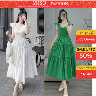 Váy đi biển dáng dài tay bèo thiết kế tầng xòe, Đầm maxi eo chun chất thô lụa mềm mát VM12