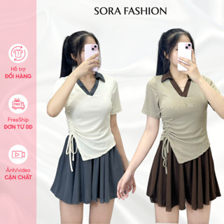  Set Áo Thun Viền Cổ V Kèm Dây Rút Eo Bigsize Sora Fashion Set Đồ Nữ Áo Vạt Chéo Chất Liệu Thun Tăm 151 