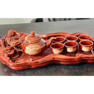 Bộ ấm chén uống trà kèm khay màu hổ phách, hàng Bát Tràng men hỏa biến sáng đẹp