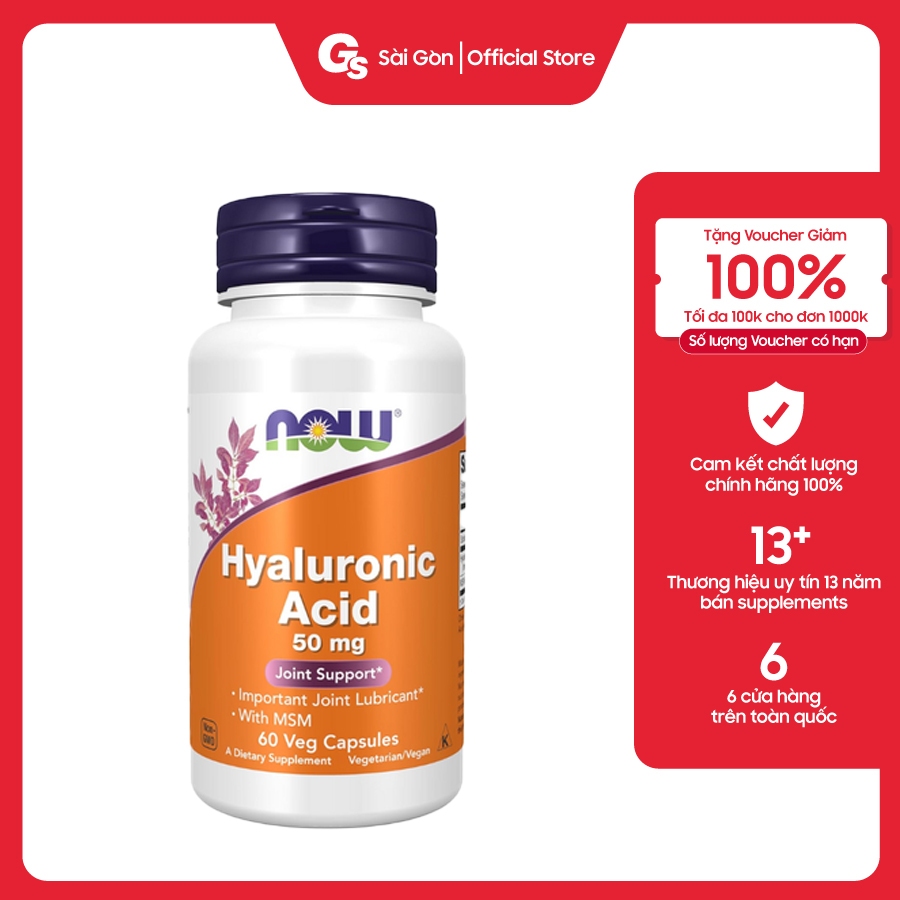 Viên uống Now Hyaluronic Acid 50mg - Hỗ trợ cải thiện xương khớp nhập khẩu Mỹ - Gymstore