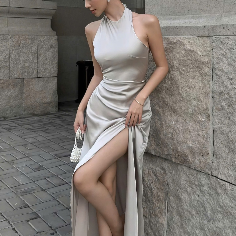 [ DEAL XẢ KHO ] Đầm Lụa Dự Tiệc Xẻ Tà Phối Chéo Lưng Cách Điệu NV676 Dáng Dài Qua Mắt Cá Chân Nữ Women Dress Xám | BigBuy360 - bigbuy360.vn