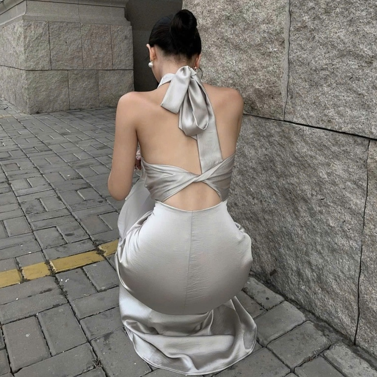 [ DEAL XẢ KHO ] Đầm Lụa Dự Tiệc Xẻ Tà Phối Chéo Lưng Cách Điệu NV676 Dáng Dài Qua Mắt Cá Chân Nữ Women Dress Xám | BigBuy360 - bigbuy360.vn