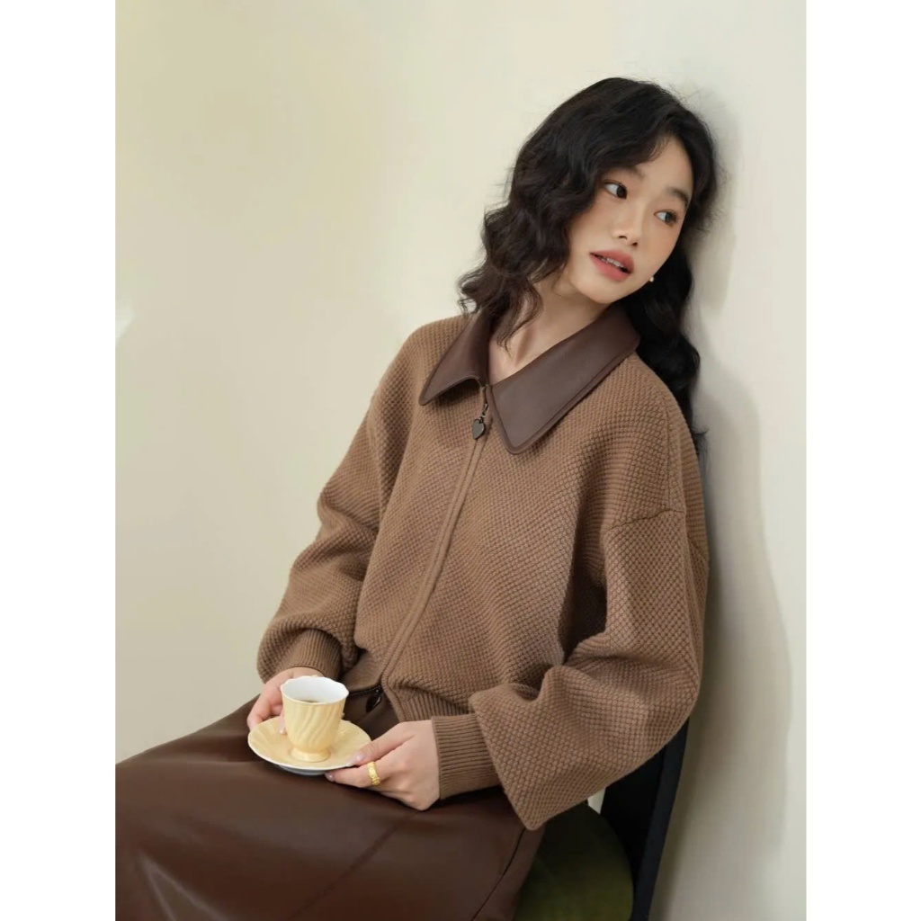  Áo len khóa kéo phối cổ da cover Kuose 