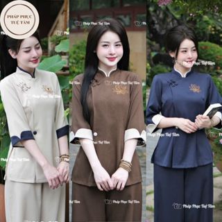 [ FREE SHIP ] Bộ đồ lam đi chùa nữ thêu sen chất liệu đũi thái, Pháp phục lễ chùa cổ tàu phối