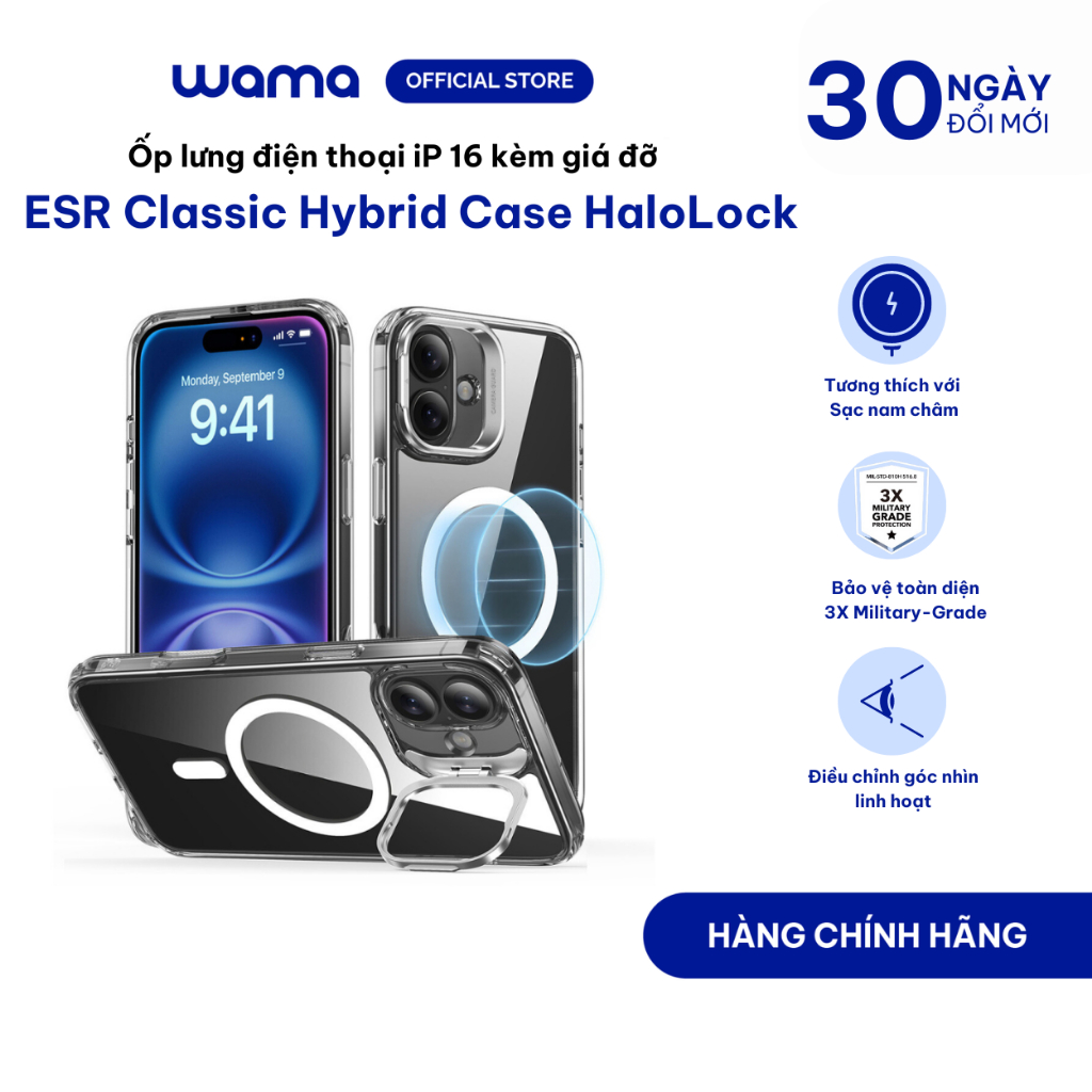 Ốp lưng điện thoại kèm chân đế ESR Classic Hybrid Case HaloLock cho iP 16 Series. Trong suốt và hạn 