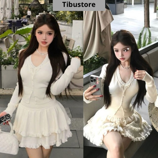 Set Áo Cổ Yếm tay Dài Cột Nơ Phối Chân Váy Xoè Ngắn Viền Bèo TIBU Set Đồ Nữ Tiểu Thư Đơn Giản Sang Chảnh Thu Đông S65