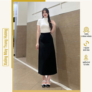 Chân váy dài Midi dáng suông chữ A dài 86cm có xẻ tà sau đơn giản tôn dáng đi học đi làm đi chơi có bigsize màu đen be 