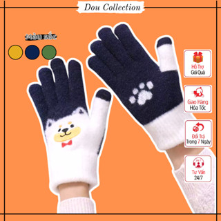 Găng tay len lông thỏ unisex, Bao tay len cảm ứng điện thoại họa tiết gấu phối màu cute thời trang mùa đông - Mã GT031