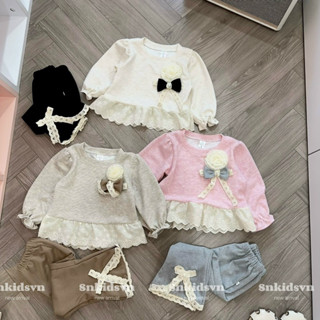  quần áo trẻ em bộ quần áo len tăm lông thỏ hoa nơ trước ngực 