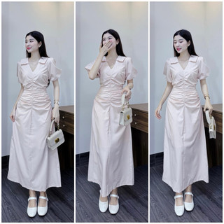 ĐẦM HỒNG CỔ V NHÍU THÂN MIDI
