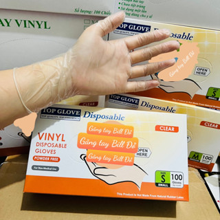  Găng Tay Vinyl Trong Suốt Không Bột TOPGLOVE CHÍNH HÃNG Hộp 100 CÁI Găng nhựa PVC dùng Thực phẩm,Spa,Phòng sạch,điện tử 