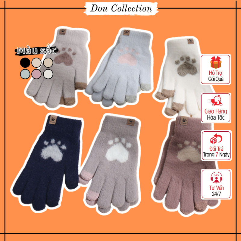 Găng Tay Len Nữ, Bao Tay Len Cảm Ứng Điện Thoại Họa Tiết Dấu Chân Mèo Chống Lạnh Thời Trang Thu Đông - Mã GT005