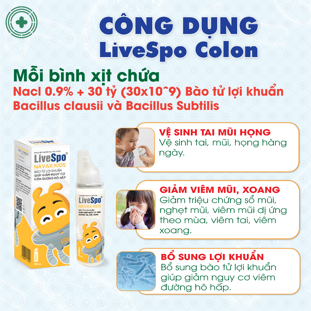 Bào Tử Lợi Khuẩn LIVESPO NAVAX KIDS Giúp Bé Giảm Sổ Mũi, Nghẹt Mũi, Viêm Tai Mũi Họng Viêm Xoang(Bình xịt Kim Loại 50ml)