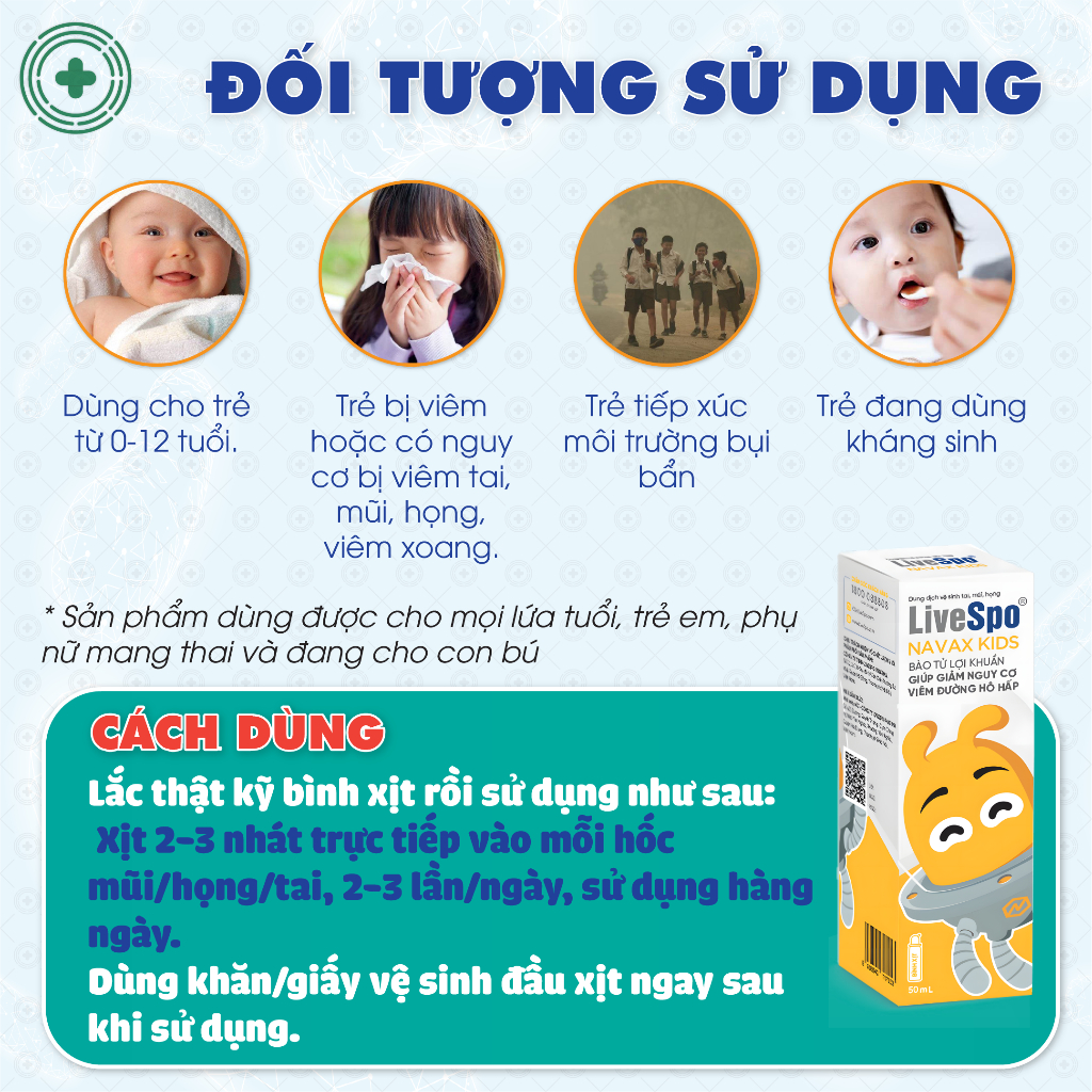 Bào Tử Lợi Khuẩn LIVESPO NAVAX KIDS Giúp Bé Giảm Sổ Mũi, Nghẹt Mũi, Viêm Tai Mũi Họng Viêm Xoang(Bình xịt Kim Loại 50ml)