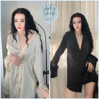 Váy Ngủ Sơmi Sexy, Đầm Ngủ JULY Tay Dài Phối Lông Vũ Kèm Quần Lụa Latin Cao Cấp Freesize <60kg