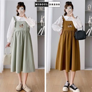 Set váy yếm bầu dài tay X09 dáng babydoll - Đầm bầu free size form rộng thiết kế mặc mùa đông in hình gấu mèo dễ thương