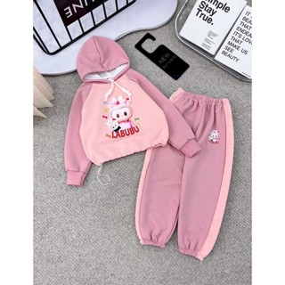 [15-38kg] Bộ bé gái dài tay chất NỈ BÔNG LABUBU có MŨ, bộ quần áo thu đông cho bé